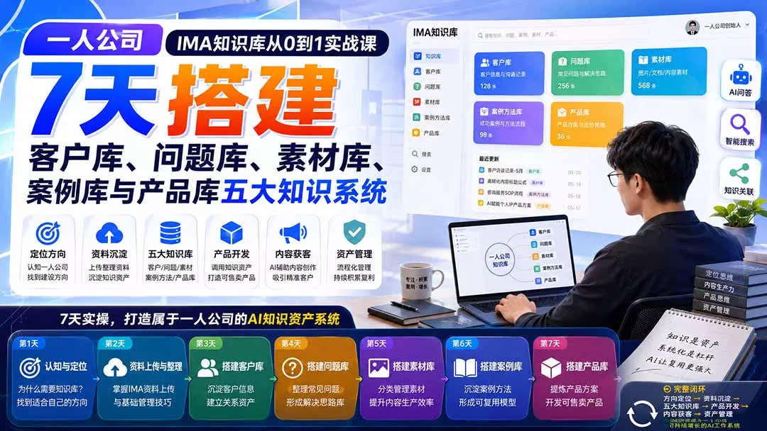 一人公司IMA知识库从0到1实战课:7天搭建客户库、问题库、素材库、案例库与产品库五大知识系统-2爱1学习资源网-伴学无忧