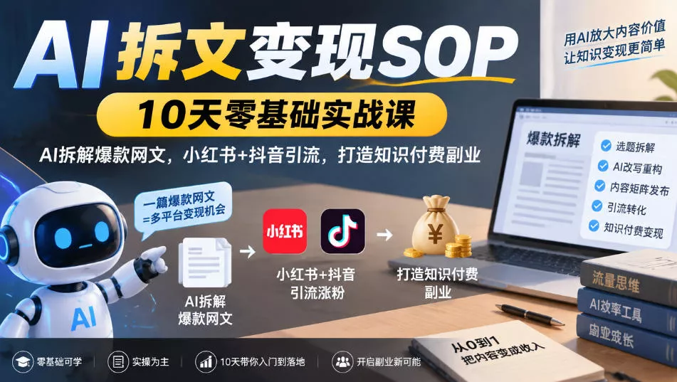 AI拆文变现SOP｜10天零基础实战课，AI拆解爆款网文，小红书+抖音引流，打造知识付费副业-2爱1学习资源网-伴学无忧