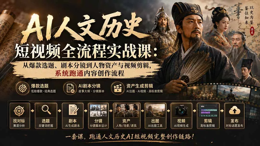 AI人文历史短视频全流程实战课：从爆款选题、剧本分镜到人物资产与视频剪辑，系统跑通内容创作流程-2爱1学习资源网-伴学无忧