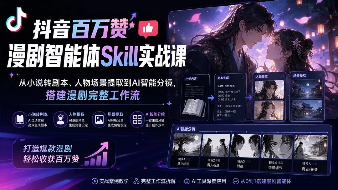 抖音百万赞漫剧智能体Skill实战课:从小说转剧本、人物场景提取到AI智能分镜,搭建漫剧完整工作流-2爱1学习资源网-伴学无忧