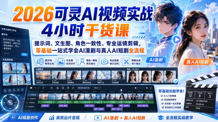 2026可灵AI视频实战4小时干货课｜提示词、文生图、角色一致性、专业运镜剪辑，零基础一站式学会AI漫剧与真人AI短剧全流程-2爱1学习资源网-伴学无忧