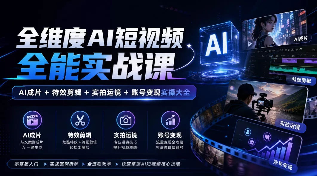 全维度AI短视频全能实战课，AI成片+特效剪辑+实拍运镜+账号变现实操大全-2爱1学习资源网-伴学无忧