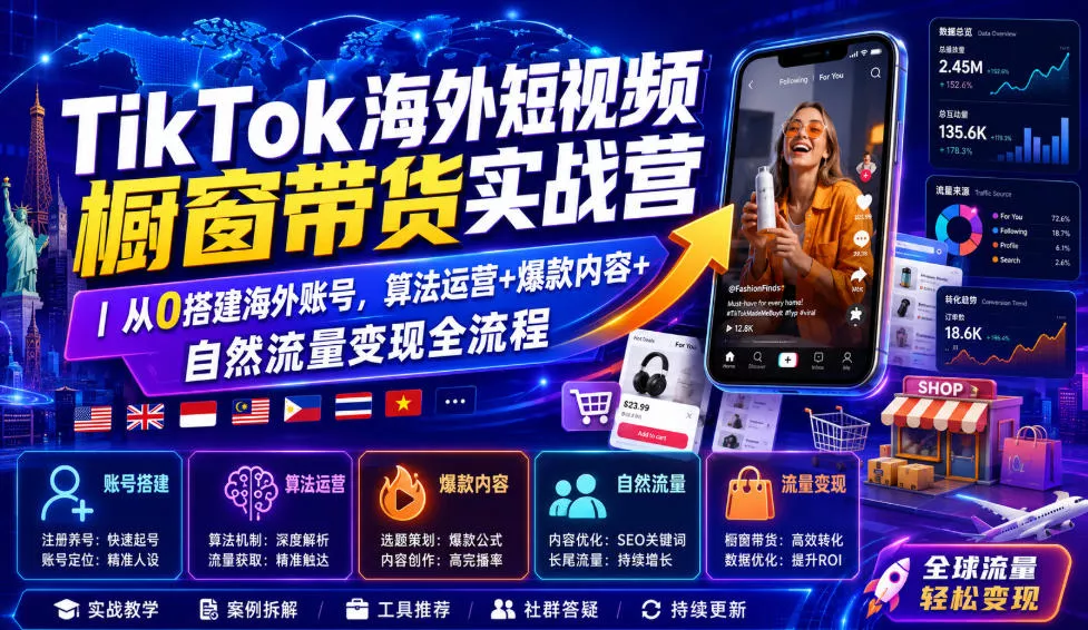 TikTok海外短视频橱窗带货实战营｜从0搭建海外账号，算法运营+爆款内容+自然流量变现全流程-2爱1学习资源网-伴学无忧