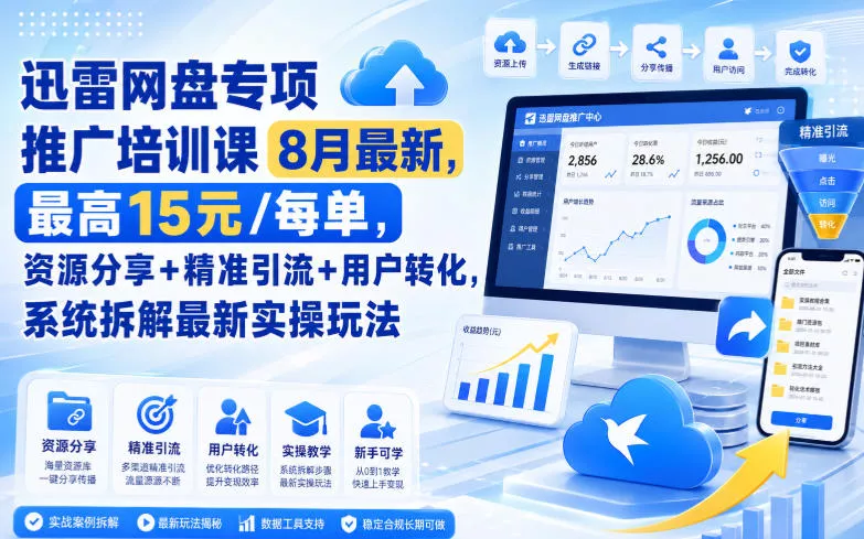 迅雷网盘专项推广培训课8月最新，最高15米/每单，资源分享+精准引流+用户转化，系统拆解最新实操玩法(更新0824)-2爱1学习资源网-伴学无忧