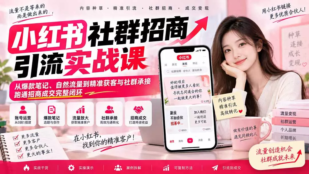 小红书社群招商引流实战课-无水印：从爆款笔记、自然流量到精准获客与社群承接，跑通招商成交完整闭环-2爱1学习资源网-伴学无忧