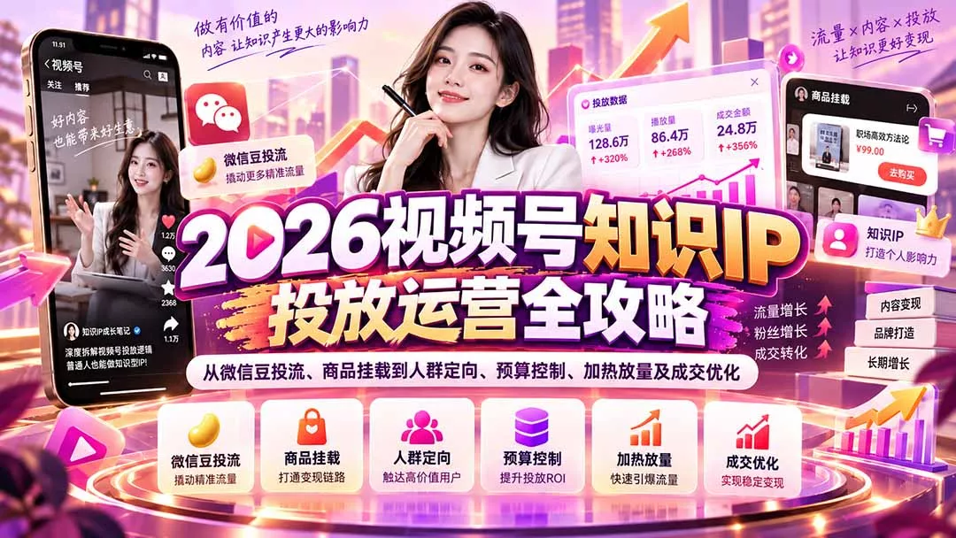 2026视频号知识IP投放运营全攻略：从微信豆投流、商品挂载到人群定向、预算控制、加热放量及成交优化-2爱1学习资源网-伴学无忧