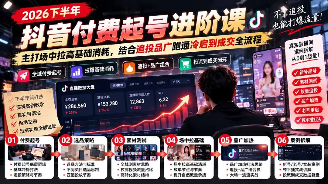2026下半年抖音付费起号进阶课：主打场中拉高基础消耗，结合追投品广跑通冷启到成交全流程-2爱1学习资源网-伴学无忧