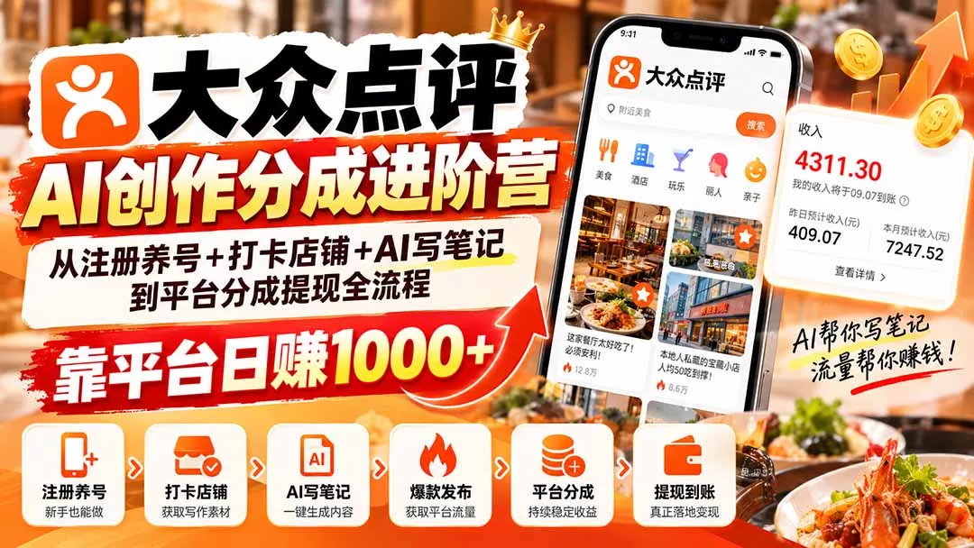 大众点评AI创作分成进阶营：从注册养号+打卡店铺+AI写笔记到平台分成提现全流程，靠平台日赚1000+-2爱1学习资源网-伴学无忧
