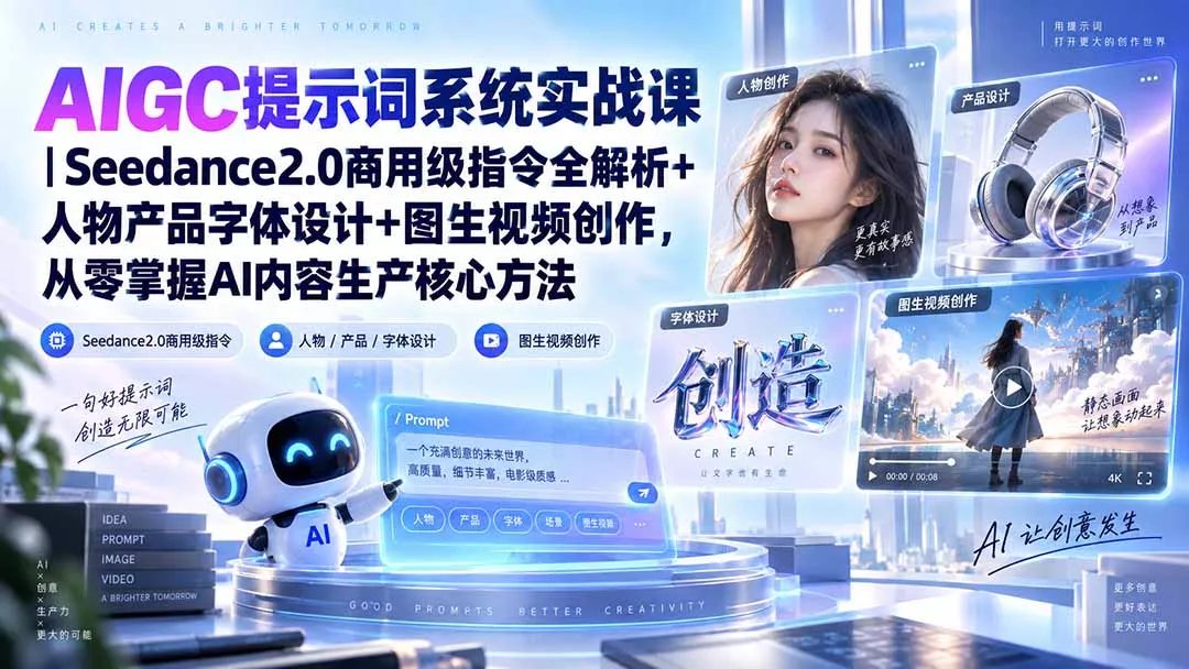 AIGC提示词系统实战课-无水印｜Seedance2.0商用级指令全解析+人物产品字体设计+图生视频创作，掌握AI内容生产方法-2爱1学习资源网-伴学无忧