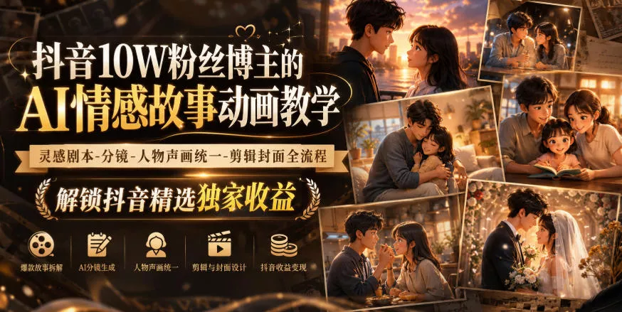抖音10W粉丝博主的AI情感故事动画教学，灵感剧本‑分镜‑人物声画统一‑剪辑封面全流程，解锁抖音精选独家收益-2爱1学习资源网-伴学无忧