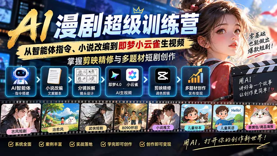 AI漫剧超级特训营:从智能体指令、小说改编到即梦小云雀生视频,掌握剪映精修与多题材短剧创作-2爱1学习资源网-伴学无忧