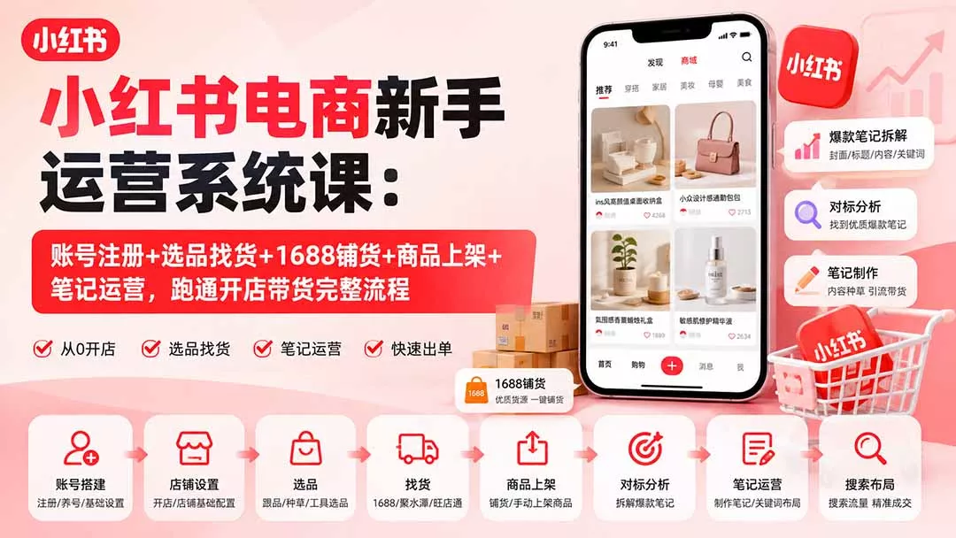 小红书电商新手运营系统课:账号注册+选品找货+1688铺货+商品上架+笔记运营,跑通开店带货完整流程-2爱1学习资源网-伴学无忧