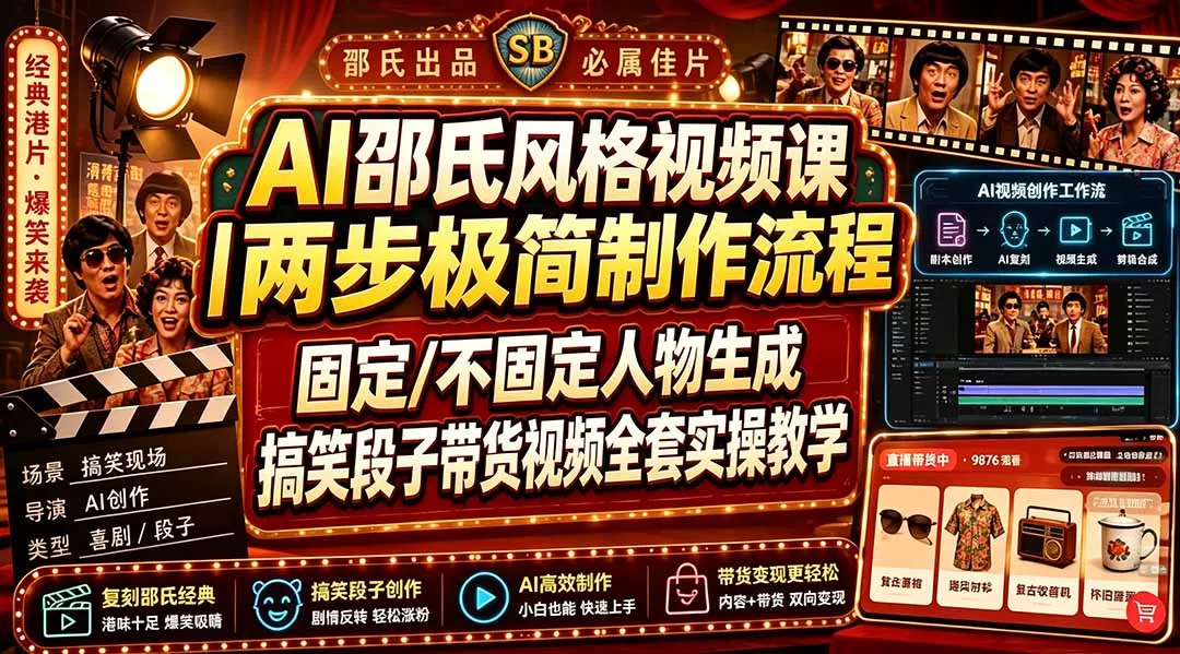 AI邵氏风格视频课｜两步极简制作流程，固定/不固定人物生成，搞笑段子带货视频全套实操教学-2爱1学习资源网-伴学无忧