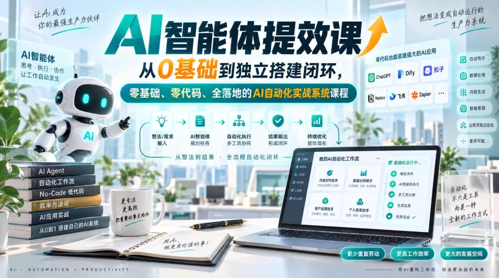 AI智能体提效课,从0基础到独立搭建闭环,零基础、零代码、全落地的AI自动化实战系统课程 AI智能体提效课,从0基础到独立搭建闭环,零基础、零代码、全落地的AI自动化实战系统课程