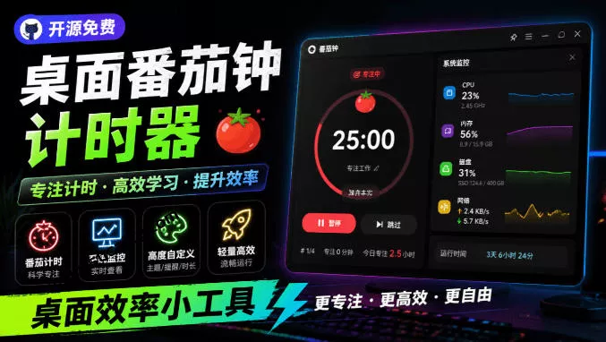 仅1.16MB,开源极简的桌面时钟、番茄钟计时器,还支持系统监控显示,桌面效率小工具Catime 仅1.16MB,开源极简的桌面时钟、番茄钟计时器,还支持系统监控显示,桌面效率小工具Catime