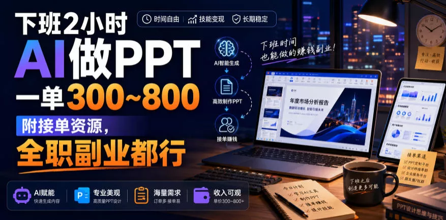 下班2小时AI做PPT，一单300~800，附接单资源，全职副业都行【揭秘】-2爱1学习资源网-伴学无忧