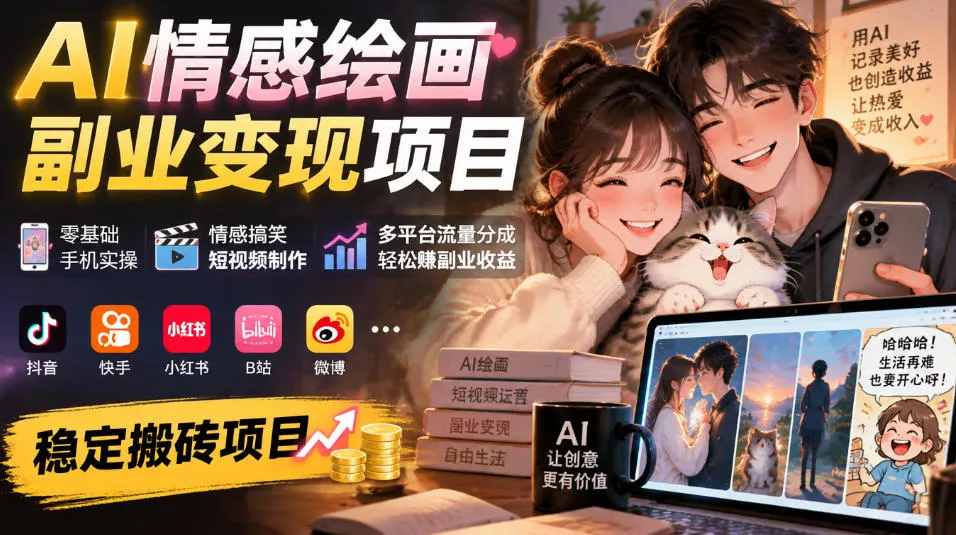 AI情感绘画副业变现项目｜零基础手机实操，情感搞笑短视频制作，多平台流量分成轻松賺副业收益-2爱1学习资源网-伴学无忧