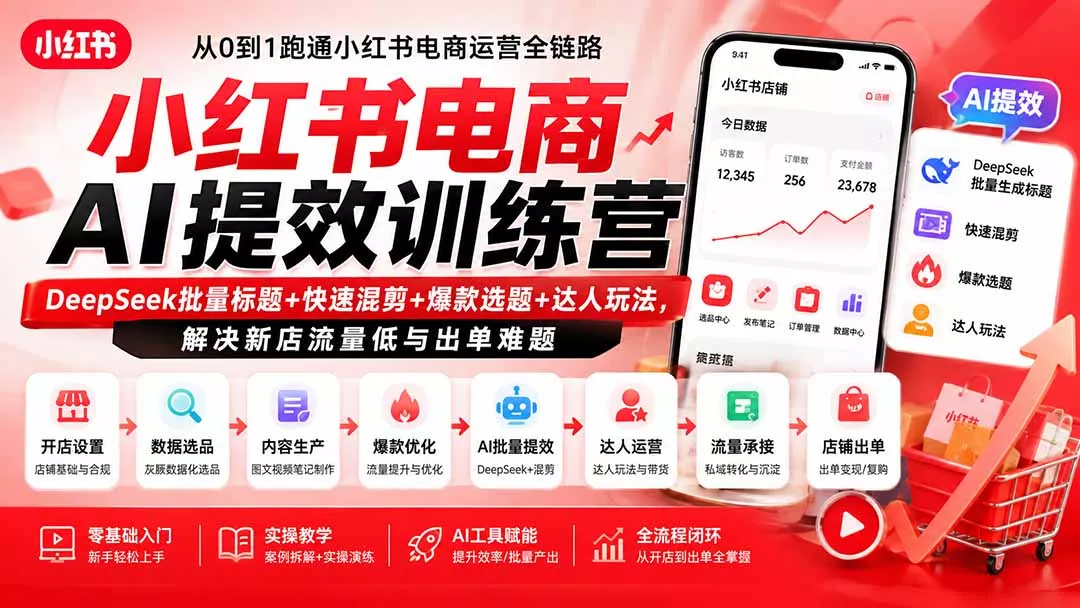 小红书电商AI提效训练营—DeepSeek批量标题+快速混剪+爆款选题+达人玩法，解决新店流量低与出单难题-2爱1学习资源网-伴学无忧