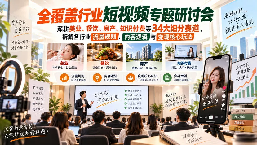 短视频专题研讨会，深耕美业、餐饮、房产、知识付费等34大细分赛道，拆解各行业流量规则、内容逻辑与变现核心玩法-2爱1学习资源网-伴学无忧