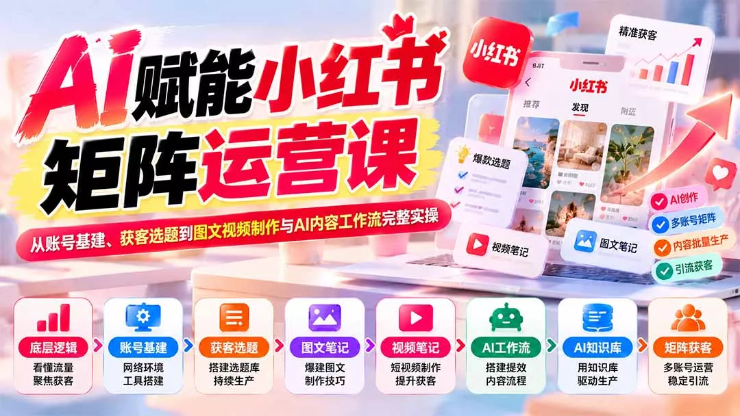 AI赋能小红书矩阵运营课:从账号基建、获客选题到图文视频制作与AI内容工作流完整实操 AI赋能小红书矩阵运营课:从账号基建、获客选题到图文视频制作与AI内容工作流完整实操