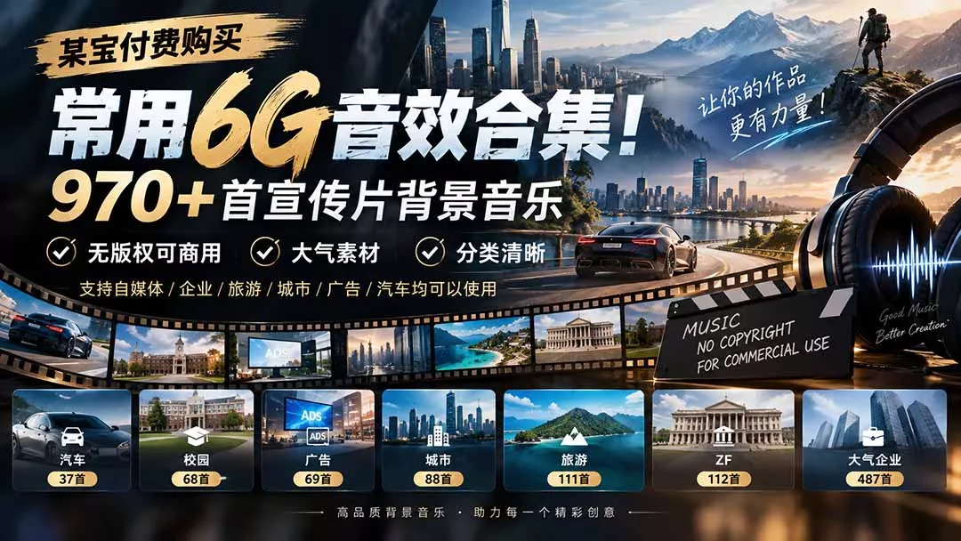 某宝付费购买,常用6G音效合集!970+首宣传片背景音乐,无版权可商用大气素材,分类清晰-2爱1学习资源网-伴学无忧