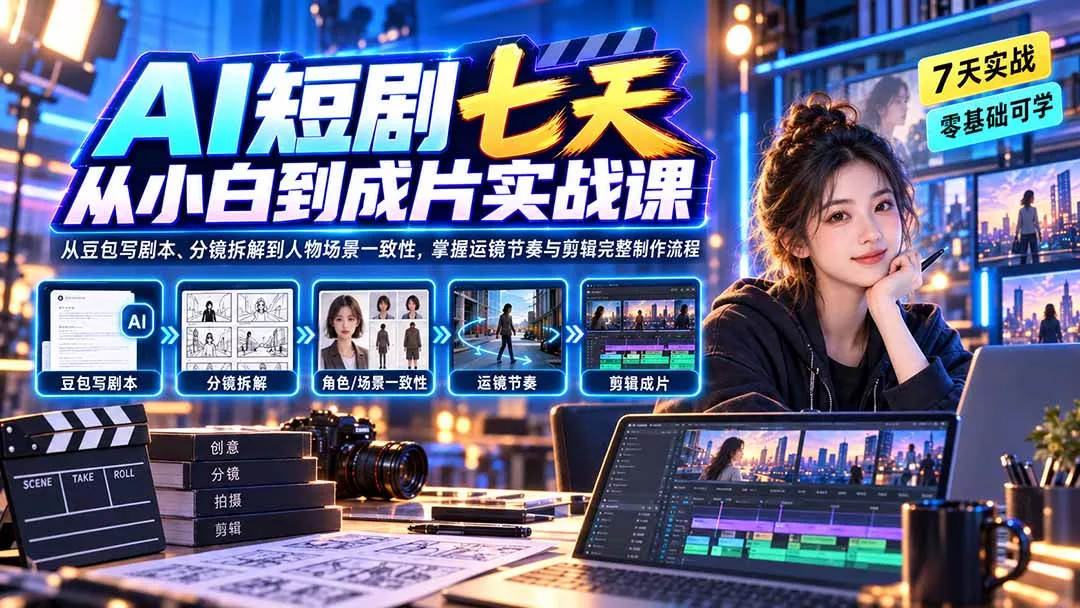 AI短剧七天从小白到成片实战课：从豆包写剧本、分镜拆解到人物场景一致性，掌握运镜节奏与剪辑完整制作流程-2爱1学习资源网-伴学无忧