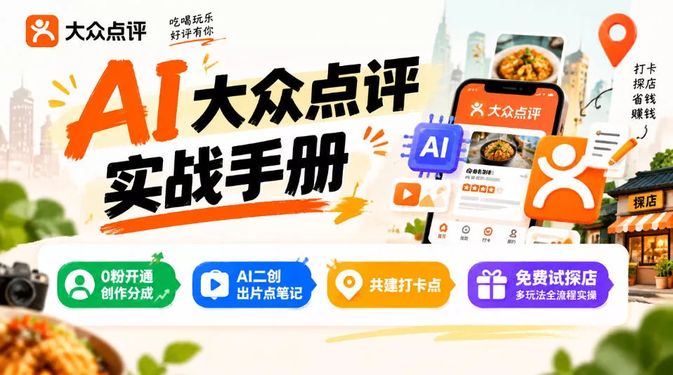 某局的AI大众点评实战手册，0粉开通创作分成、AI二创出片点笔记、共建打卡点、免费试探店多玩法全流程实操-2爱1学习资源网-伴学无忧