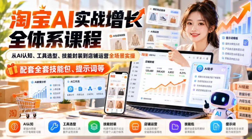 淘宝AI实战增长全体系课程，从AI认知、工具选型、技能封装到店铺运营全场景实操，配套全套技能包、提示词等-2爱1学习资源网-伴学无忧