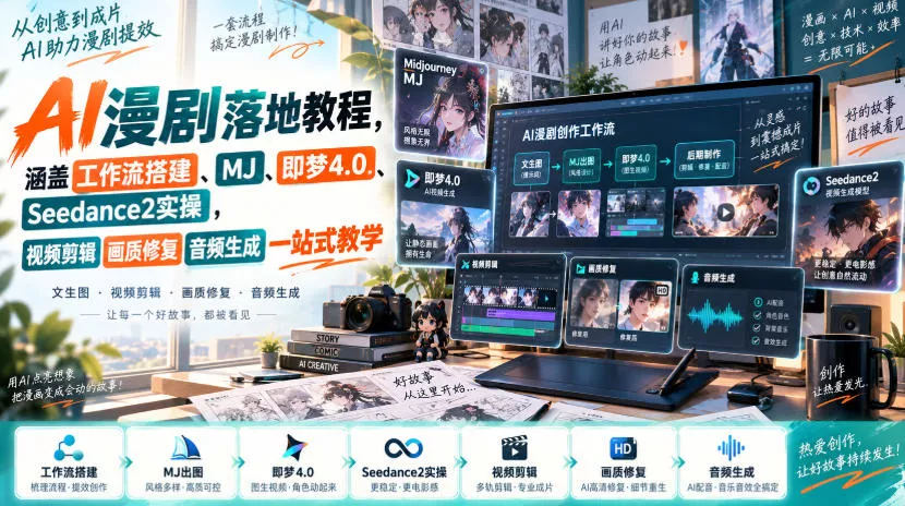 AI漫剧落地教程，涵盖工作流搭建、MJ、即梦4.0、Seedance2实操，视频剪辑画质修复音频生成一站式教学-2爱1学习资源网-伴学无忧