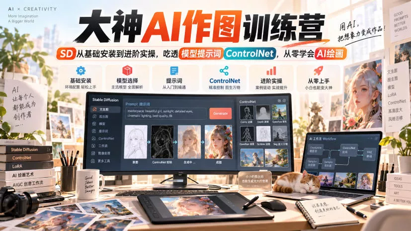 大神AI作图训练营,SD从基础安装到进阶实操,吃透模型提示词ControlNet,从零学会AI绘画 大神AI作图训练营,SD从基础安装到进阶实操,吃透模型提示词ControlNet,从零学会AI绘画