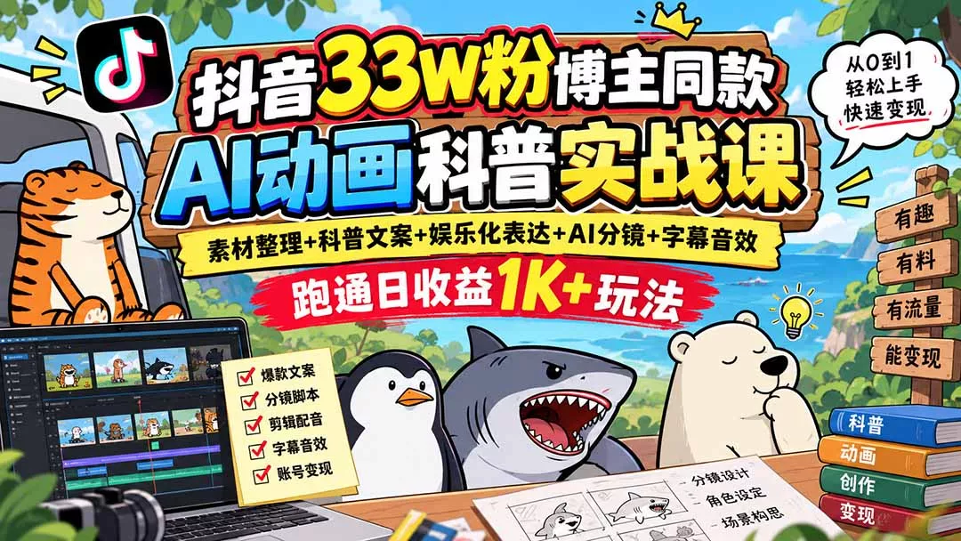 抖音33W粉博主同款AI动画科普实战课|素材整理+科普文案+娱乐化表达+AI分镜+字幕音效,跑通日收益1K+玩法 抖音33W粉博主同款AI动画科普实战课|素材整理+科普文案+娱乐化表达+AI分镜+字幕音效,跑通日收益1K+玩法