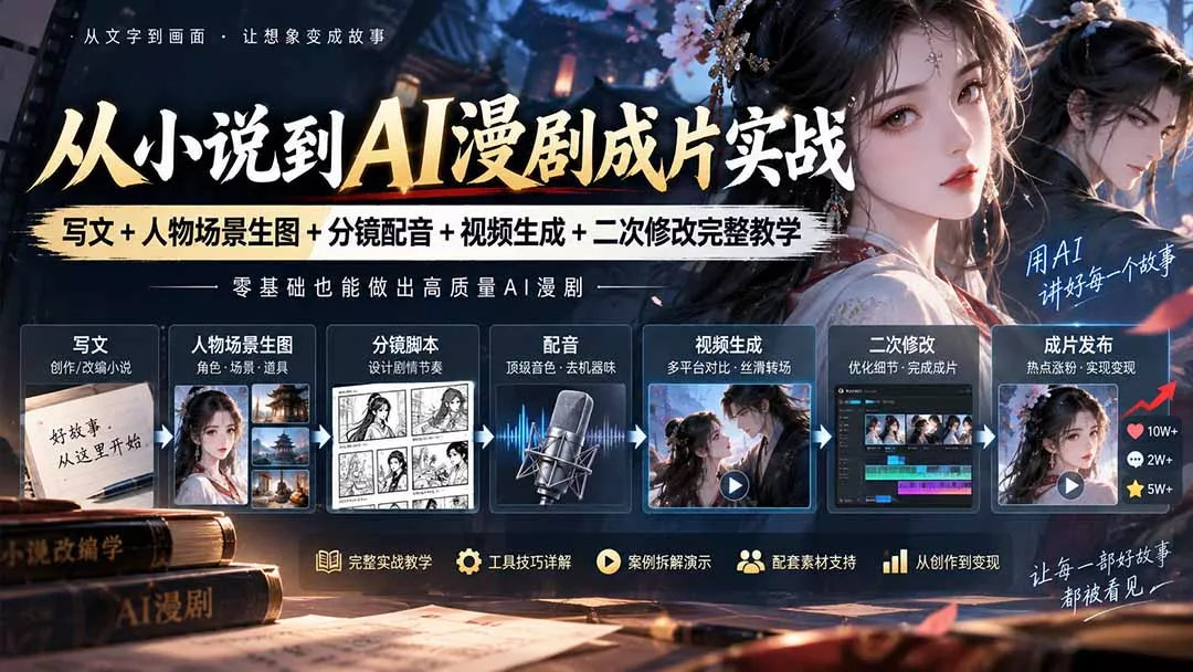 从小说到AI漫剧成片实战：写文+人物场景生图+分镜配音+视频生成+二次修改完整教学-2爱1学习资源网-伴学无忧