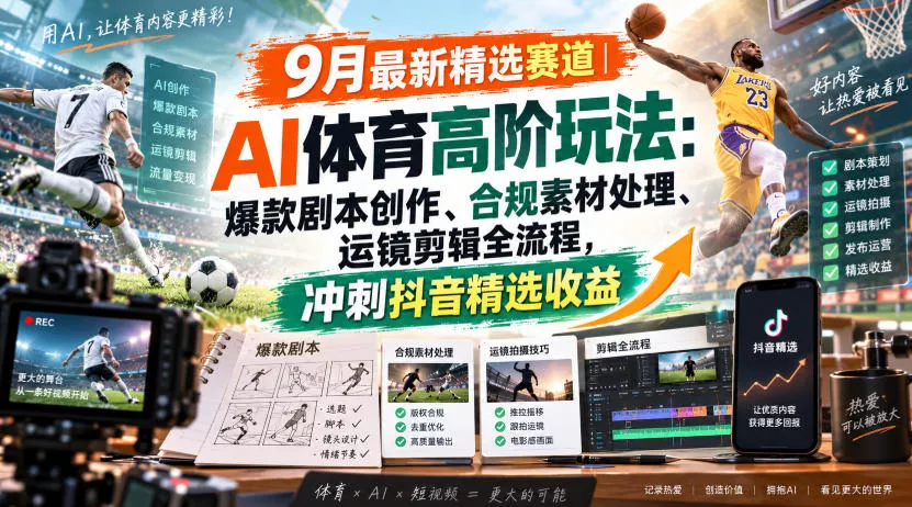 某大佬的9月最新精选赛道之AI体育顶级玩法，爆款剧本创作、版权规避、运镜剪辑全流程，稳拿抖音精选收益-2爱1学习资源网-伴学无忧