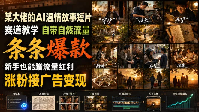 某大佬的AI温情故事短片赛道教学，自带自然流量，条条爆款，新手也能蹭流量红利，涨粉接广告变现(更新)-2爱1学习资源网-伴学无忧