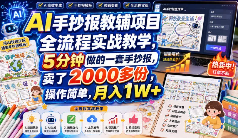AI手抄报教辅项目全流程实战教学，5分钟做的一套手抄报，卖了2000多份，操作简单，月入1W+-2爱1学习资源网-伴学无忧