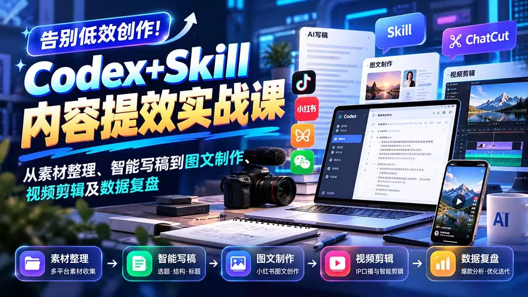 【无水印】告别低效创作！Codex+Skill内容提效实战课：从素材整理、智能写稿到图文制作、视频剪辑及数据复盘-2爱1学习资源网-伴学无忧