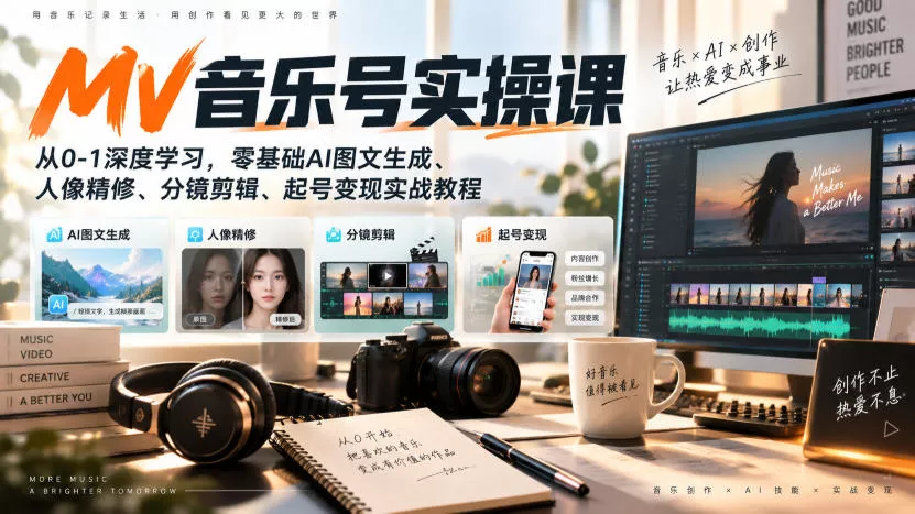 AI MV音乐号实操课,从0-1深度学习,零基础AI图文生成、人像精修、分镜剪辑、起号变现实战教程-2爱1学习资源网-伴学无忧