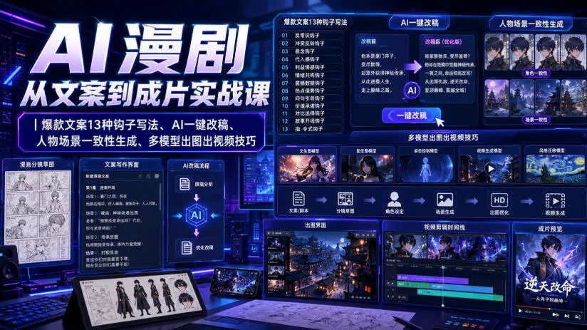 AI漫剧从文案到成片实战课｜爆款文案13种钩子写法、AI一键改稿、人物场景一致性生成、多模型出图出视频技巧-2爱1学习资源网-伴学无忧