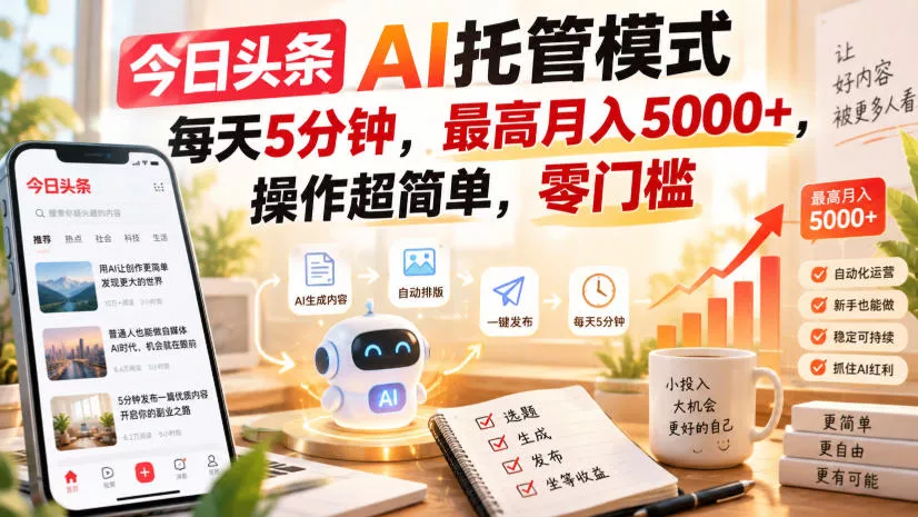今日头条AI托管模式，每天5分钟，最高月入5000+，操作超简单，零门槛【揭秘】-2爱1学习资源网-伴学无忧