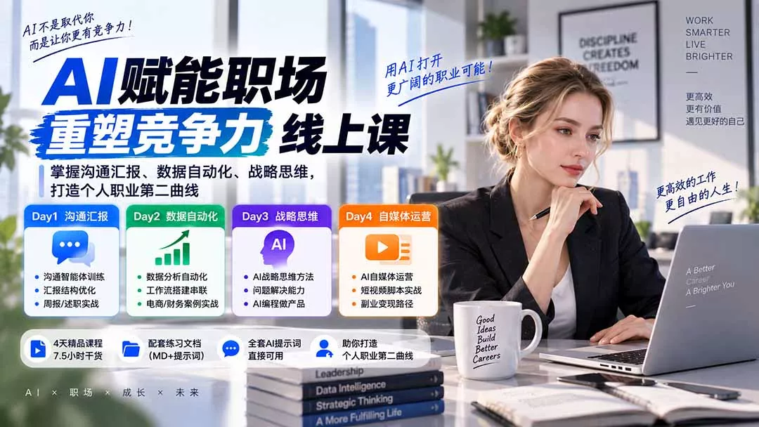 AI职场提效与第二曲线实战课-无水印：学习沟通汇报、数据工作流和战略思维，掌握AI编程做产品及自媒体运营方法-2爱1学习资源网-伴学无忧