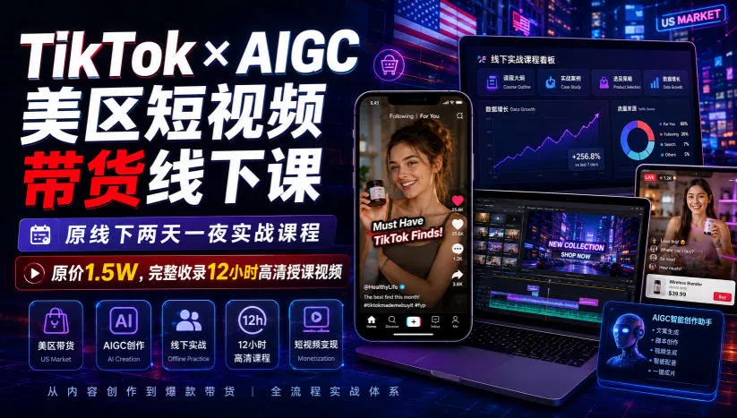 TikTok×AIGC美区短视频带货线下课,原线下两天一夜实战课程,原价1.5W,完整收录12小时高清授课视频-2爱1学习资源网-伴学无忧