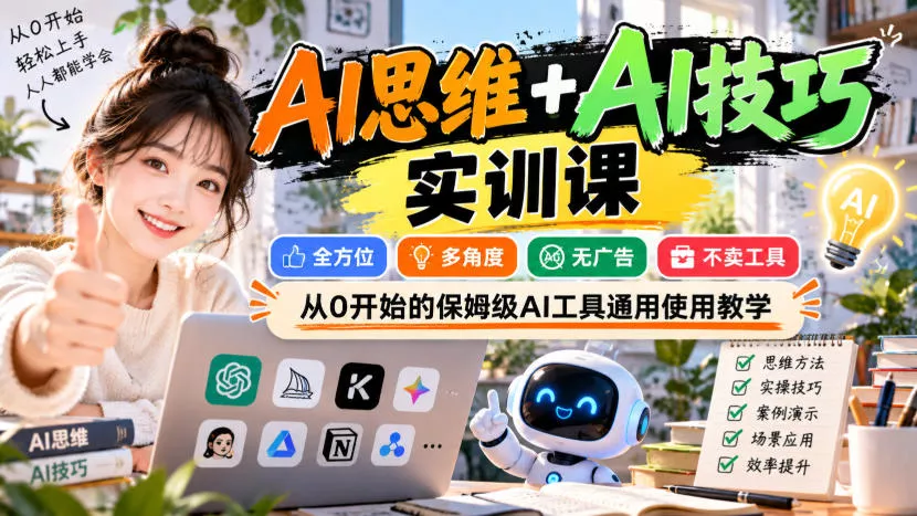 【无水印】AI思维+AI技巧实训课，全方位、多角度、无广告、不卖工具，从0开始的保姆级AI工具通用使用教学-2爱1学习资源网-伴学无忧