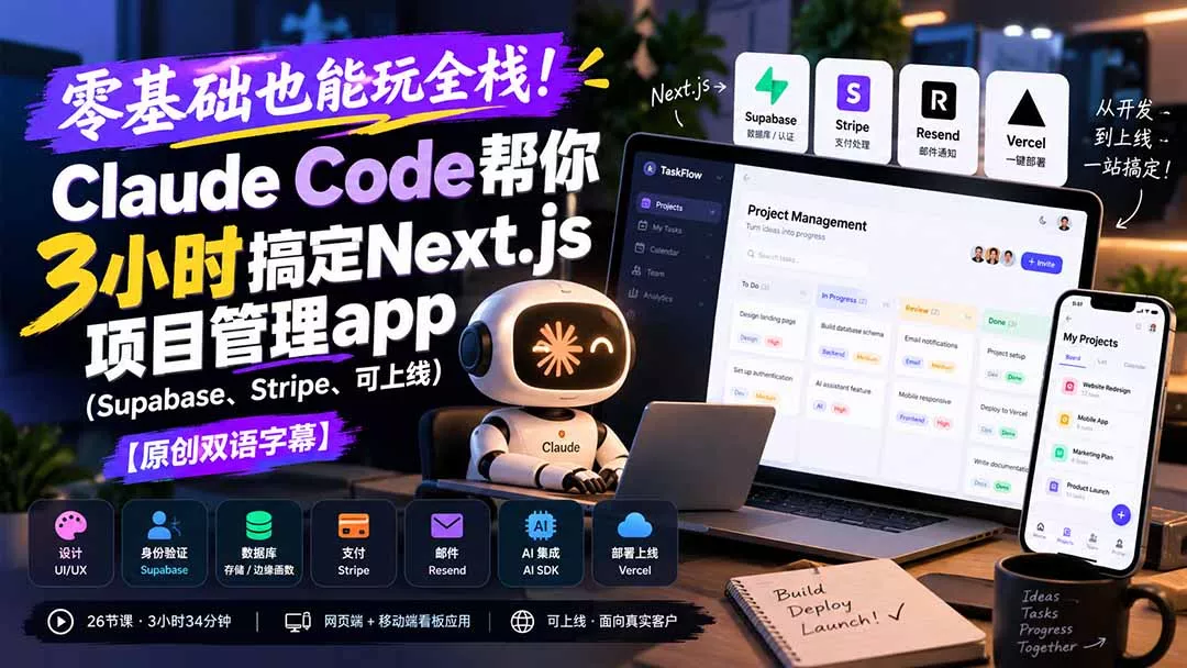 零基础也能玩全栈！Claude Code帮你3小时搞定Next.js项目管理app(Supabase、Stripe、可上线-2爱1学习资源网-伴学无忧