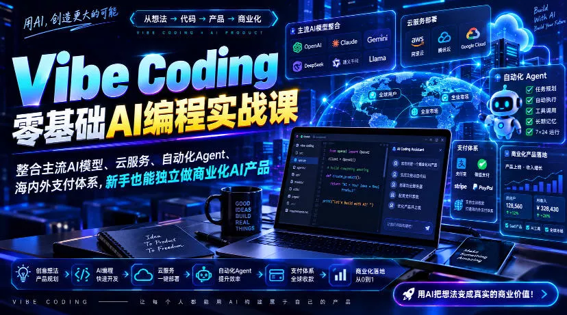Vibe Coding零基础AI编程实战课-无水印，整合主流AI模型、云服务、自动化Agent、海内外支付体系，新手也能独立做商业化AI产品-2爱1学习资源网-伴学无忧