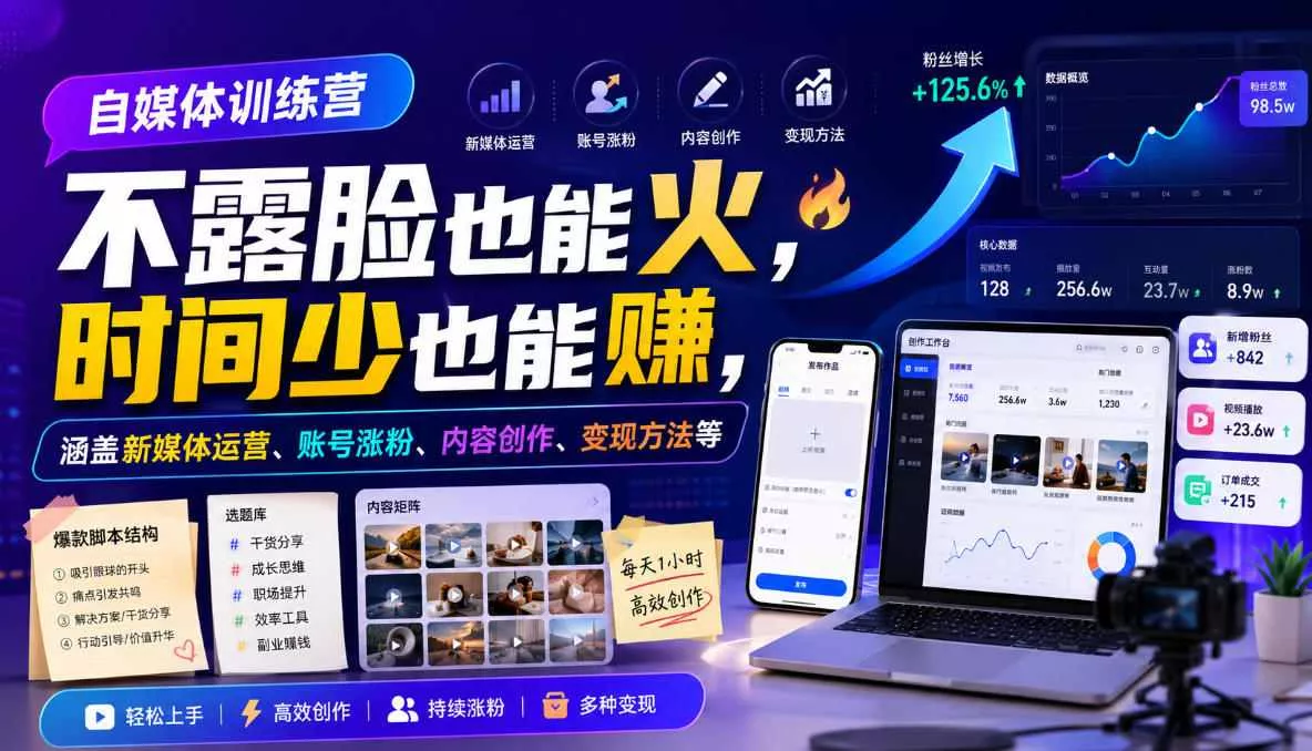 自媒体训练营，不露脸也能火，时间少也能賺，涵盖新媒体运营、账号涨粉、内容创作、变现方法等-2爱1学习资源网-伴学无忧