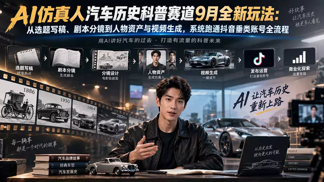 AI仿真人汽车历史科普赛道9月全新玩法：从选题写稿、剧本分镜到人物资产与视频生成，系统跑通抖音垂类账号全流程-2爱1学习资源网-伴学无忧