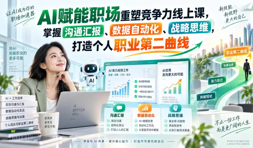 AI赋能职场重塑竞争力线上课，掌握沟通汇报、数据自动化、战略思维，打造个人职业第二曲线-2爱1学习资源网-伴学无忧