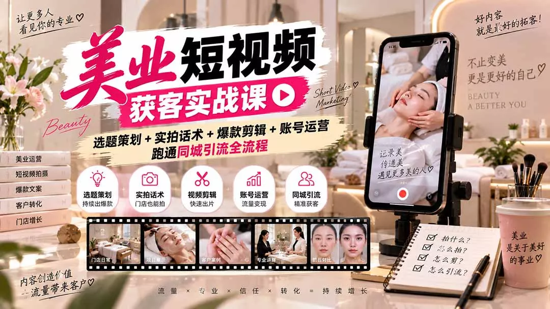 美业短视频获客实战课-无水印：选题策划+实拍话术+爆款剪辑+账号运营，跑通同城引流全流程-2爱1学习资源网-伴学无忧