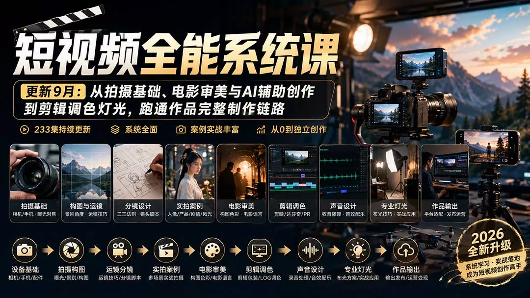 短视频全能系统课-9月完整版：从拍摄基础、电影审美与AI辅助创作到剪辑调色灯光，跑通作品完整制作链路-2爱1学习资源网-伴学无忧
