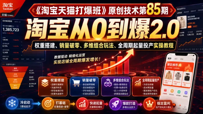 《淘宝天猫打爆班》原创技术第85期，淘宝从0到爆2.0，权重搭建、销量破零、多维组合玩法、全周期起量投产实操教程-2爱1学习资源网-伴学无忧